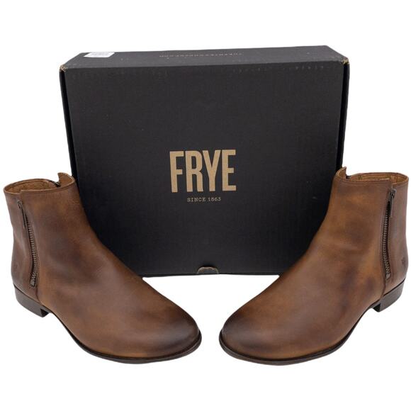 Frye Women's Carly Leather Double Zip Leather Ankle Boots 6.5 Cognac Brown - Picture 1 of 12